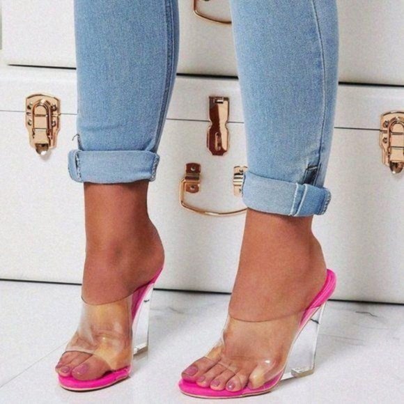 Clear Peep Toe Wedges in Fuchsia - Picture 7 of 9